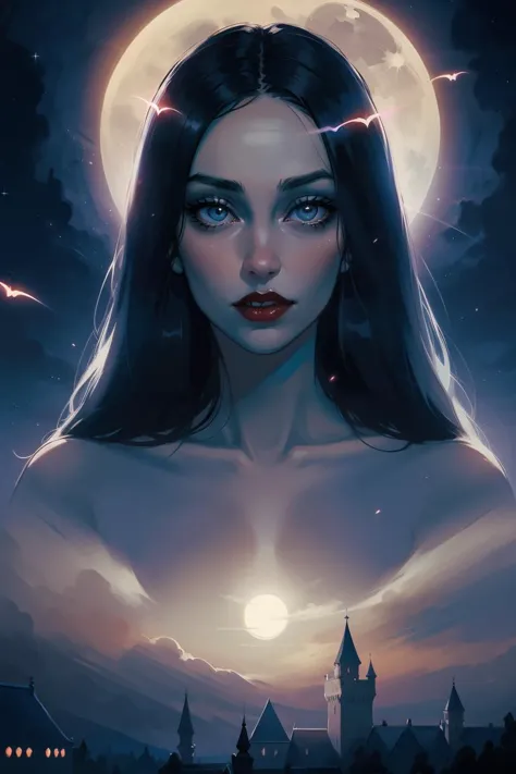 a woman with long hair and blue eyes stands in front of a full moon