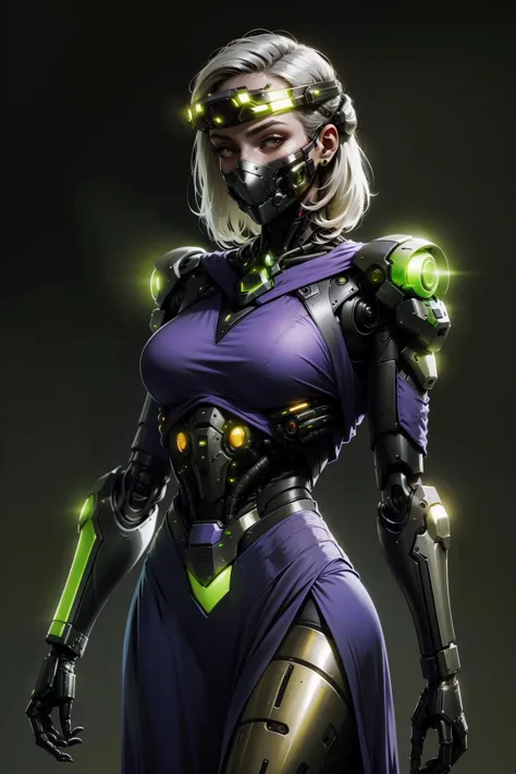 torso of witch cyborg lady, ornate purple dress with golden lace trim, assault visor, face mask, simple background, <lora:sxz-cyberpsycho-x:0.6>, exoskeleton with green bulbs, cyborg, cyberpunk style, mechanical parts, science fiction,