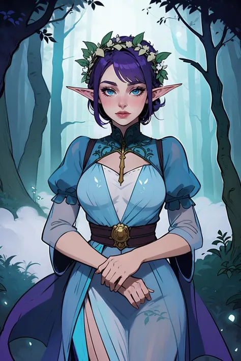 a woman in a blue dress and a crown stands in the woods