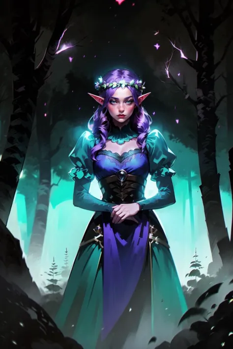 cowboy shot of beautiful elf queen, purple hair, ornate cyan dress with puffy sleeves, see-through sleeves, head wreath, particl...