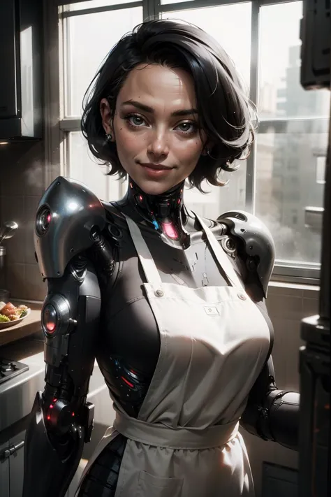 there is a woman in a kitchen with a robot arm