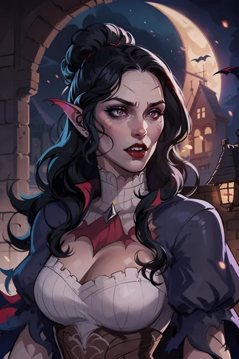 portrait of vampire queen standing in dark, black hair, no pupils, no sclera, red lips, fangs, castle indoors, moonlight, particles, night, dark scene, <lora:sxz-8-shiva-x:0.9> cel shading