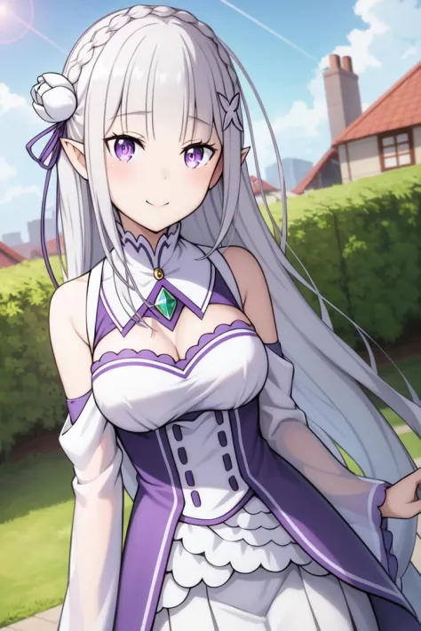 Emilia 
<lora:EmiliaV2:0.7>
masterpiece, best quality,
1girl, bangs, bare_shoulders, blunt_bangs, blurry, blurry_background, blurry_foreground, blush, braid, breasts, cleavage, closed_mouth, cloud, crown_braid, day, depth_of_field, detached_sleeves, dress, emilia_\(re:zero\), eyebrows_visible_through_hair, flower, gem, hair_flower, hair_ornament, hair_ribbon, lens_flare, long_hair, looking_at_viewer, low-tied_long_hair, medium_breasts, one_eye_closed, outdoors, pleated_skirt, pointy_ears, purple_eyes, purple_ribbon, ribbon, silver_hair, skirt, sky, smile, solo, very_long_hair, white_flower