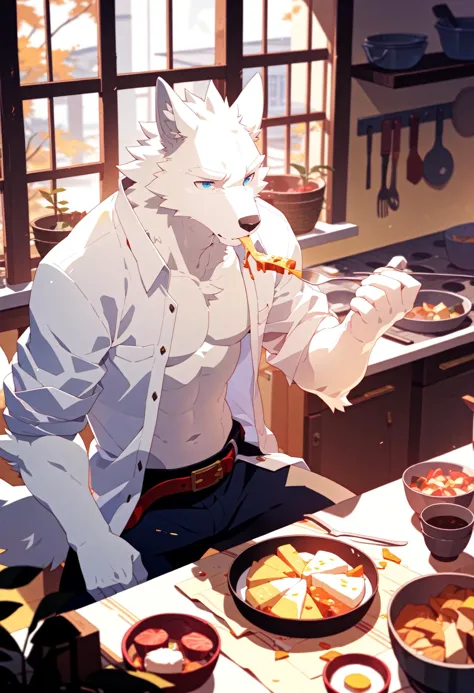 anime - style image of a man in a kitchen with a plate of food