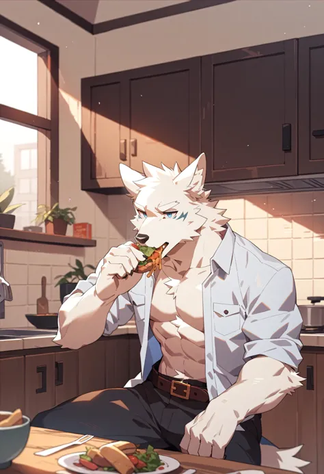 anime guy eating a sandwich in the kitchen with a cat on his head