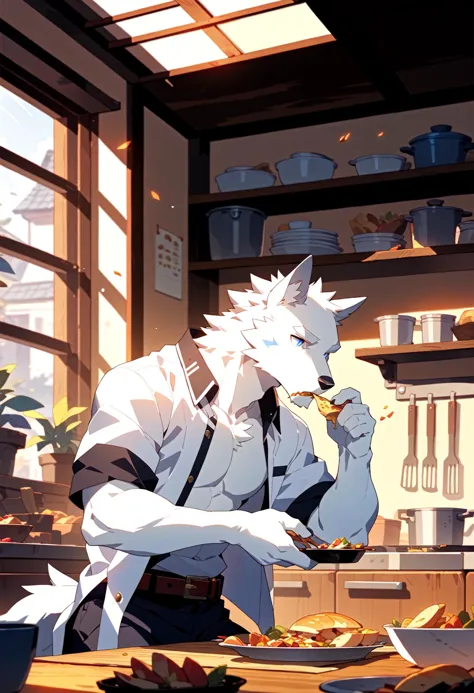 anime - style image of a man in a kitchen with a wolf head on his head