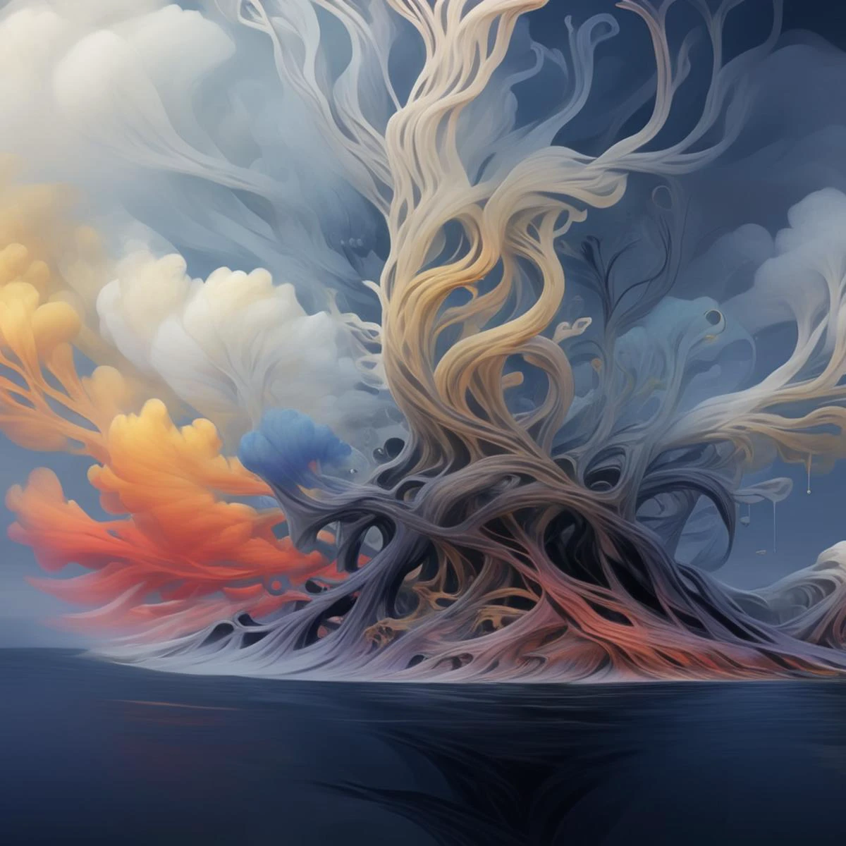 arttrlsn, , An ethereal cloud tree with roots and branches that form into various shapes, colorful, concept design for fantasy game, creating an otherworldly atmosphere. The branches of clouds form unique shapes and colors, creating the illusion it is growing from within them. The background features dark tones to contrast the bright colors of the cloudlike branches., detailed, high resolution, smoke billows from its base, symbolizing both chaos and beauty in nature. This concept could be used as a digital art piece or for fantasy book cover design in the style of various artists., symbolizing growth in various areas such as creativity or personal development. Digital art style, the colors of flames glow red, the overall color scheme has light tones. The digital art style creates a mysterious atmosphere in the style of digital art., the sky above is dark blue, the trunk is shaped like an island surrounded by water, white clouds form in various shapes, yellow and orange, An ethereal cloud tree with roots that wind through the sky, A cloud tree with roots that twist and wind