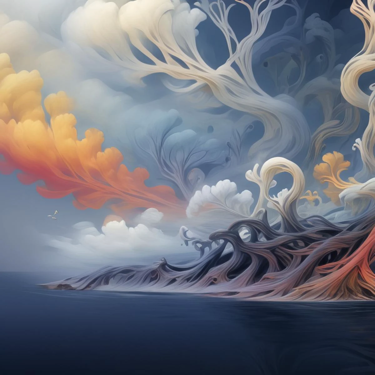 arttrlsn, , An ethereal cloud tree with roots and branches that form into various shapes, colorful, concept design for fantasy game, creating an otherworldly atmosphere. The branches of clouds form unique shapes and colors, creating the illusion it is growing from within them. The background features dark tones to contrast the bright colors of the cloudlike branches., detailed, high resolution, smoke billows from its base, symbolizing both chaos and beauty in nature. This concept could be used as a digital art piece or for fantasy book cover design in the style of various artists., symbolizing growth in various areas such as creativity or personal development. Digital art style, the colors of flames glow red, the overall color scheme has light tones. The digital art style creates a mysterious atmosphere in the style of digital art., the sky above is dark blue, the trunk is shaped like an island surrounded by water, white clouds form in various shapes, yellow and orange, An ethereal cloud tree with roots that wind through the sky, A cloud tree with roots that twist and wind