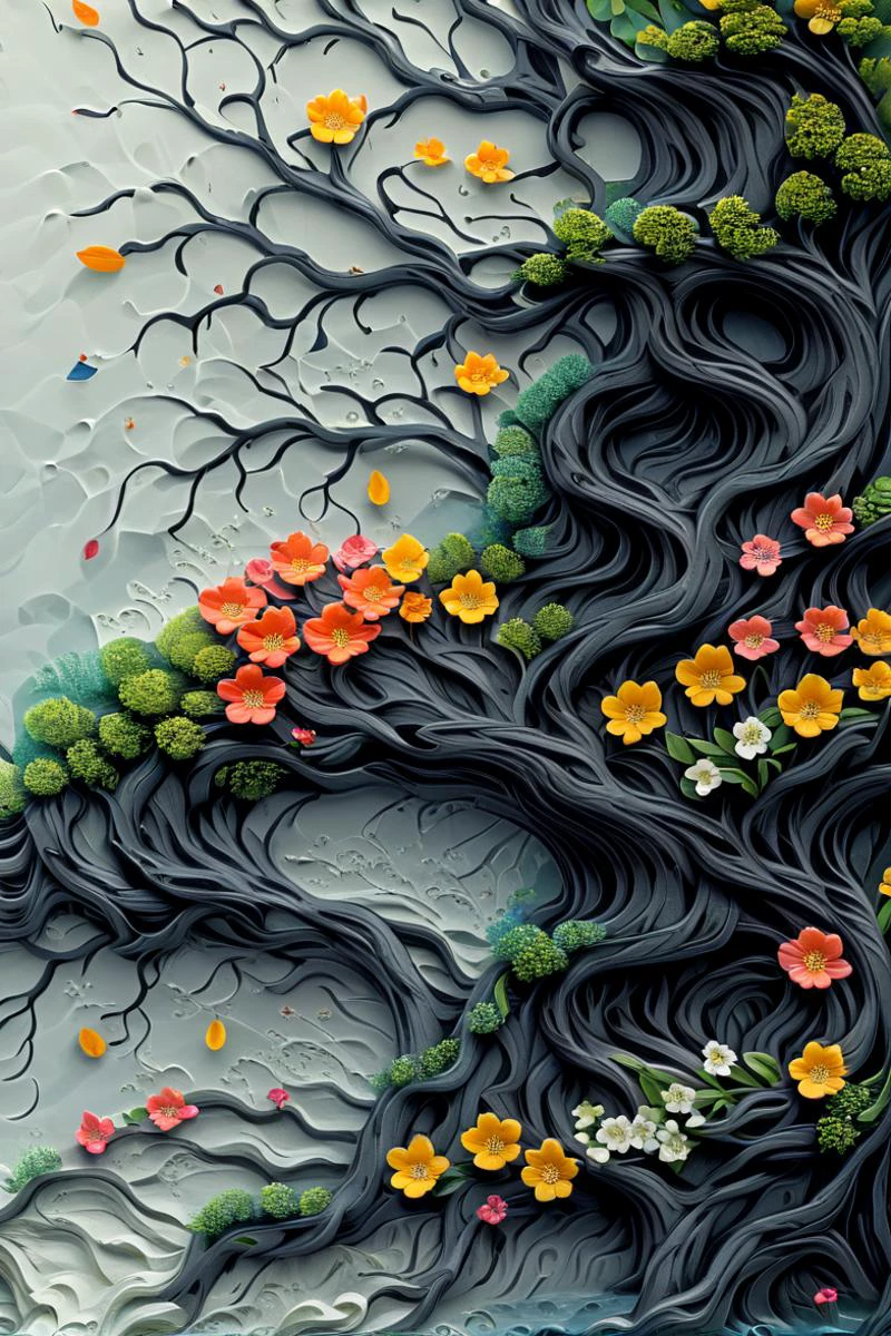 arttrlsn,
 artflutter, arbre, cascade, fleurs, relief sculpté