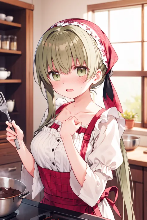 1girl, cecilia \(shiro seijo to kuro bokushi\), official art, solo, blush, eyebrows visible through hair, green hair, spatula, open mouth, green eyes, blurry, blurry background, chocolate, looking at viewer, depth of field, nose blush, head scarf, sweat, hair between eyes, hair ribbon, bowl, long sleeves, pink apron, white shirt, mixing bowl, floral print, red apron, ponytail, plaid, wavy mouth, holding bowl, frills, chocolate making, very long hair, indoors, upper body, cooking, red ribbon, kitchen, sidelocks, low ponytail, holding spatula, collarbone, white apron, valentine, frilled apron, print apron, brown eyes, bandana, hands up, brown ribbon, waist apron, low twintails, medium breasts, ladle, frilled sleeves, food, puffy short sleeves, , sweatdrop, fingernails, white dress, plaid apron, wide sleeves, pot, pastry bag, standing
<lora:cecilia_shiro_seijo_locon_v1:0.9>