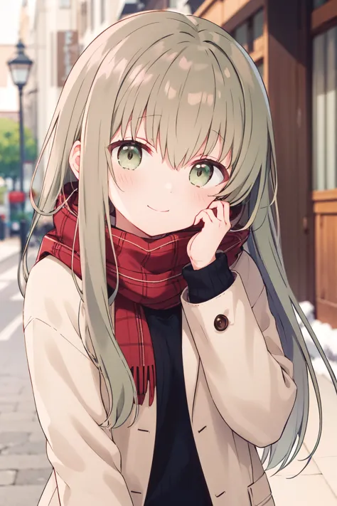 1girl, cecilia \(shiro seijo to kuro bokushi\), anime screencap, blush, smile, heart, red scarf, eyebrows visible through hair, ...