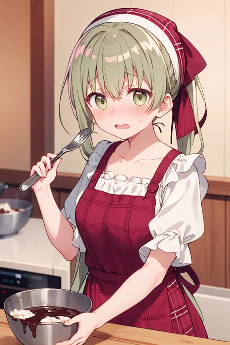 1girl, cecilia \(shiro seijo to kuro bokushi\), anime screencap, solo, blush, eyebrows visible through hair, green hair, spatula, open mouth, green eyes, blurry, blurry background, chocolate, looking at viewer, depth of field, nose blush, head scarf, sweat, hair between eyes, hair ribbon, bowl, long sleeves, pink apron, white shirt, mixing bowl, floral print, red apron, ponytail, plaid, wavy mouth, holding bowl, frills, chocolate making, very long hair, indoors, upper body, cooking, red ribbon, kitchen, sidelocks, low ponytail, holding spatula, collarbone, white apron, valentine, frilled apron, print apron, brown eyes, bandana, hands up, brown ribbon, waist apron, low twintails, medium breasts, ladle, frilled sleeves, food, puffy short sleeves, , sweatdrop, fingernails, white dress, plaid apron, wide sleeves, pot, pastry bag, standing
<lora:cecilia_shiro_seijo_locon_v1:0.9>