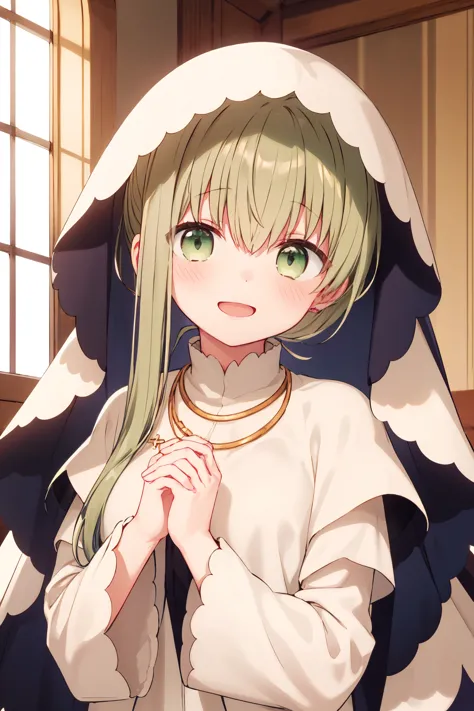 1girl, cecilia \(shiro seijo to kuro bokushi\), official art, solo, smile, open mouth, blush, eyebrows visible through hair, :d, long sleeves, hair between eyes, looking at viewer, own hands together, upper body, wide sleeves, green eyes, hands up, white dress, veil, jewelry, interlocked fingers, latin cross, very long hair, white capelet, cross necklace, ponytail, capelet, green hair, side ponytail, puffy sleeves, hood up, two-tone background, head tilt, own hands clasped, white shirt, hands on own chest, fingernails, indoors, window, church
<lora:cecilia_shiro_seijo_locon_v1:0.9>