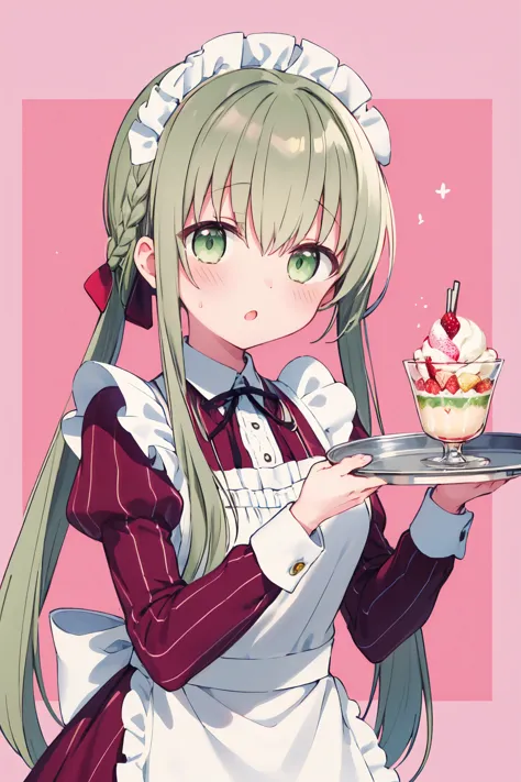 1girl, cecilia \(shiro seijo to kuro bokushi\), official art, green eyes, solo, maid headdress, parfait, eyebrows visible through hair, blush, maid, tray, green hair, food, holding tray, parted lips, looking at viewer, white apron, juliet sleeves, frills, :o, very long hair, hair between eyes, striped dress, frilled apron, strawberry, neck ribbon, floral background, pink background, hair bow, maid apron, single braid, red dress, braided ponytail, alternate costume, black ribbon, blonde hair, fruit, blue bow, ice cream, enmaided, twin braids, white flower, center frills, vertical stripes, black neckwear, upper body, sidelocks, shirt, puffy long sleeves, collared dress, waist apron, open mouth, shiny hair, collared shirt, shiny, twintails, holding plate, plate, waitress
<lora:cecilia_shiro_seijo_locon_v1:0.9>