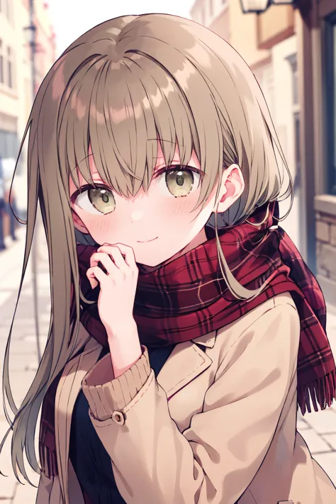 1girl, cecilia \(shiro seijo to kuro bokushi\), official art, blush, smile, heart, red scarf, eyebrows visible through hair, pla...