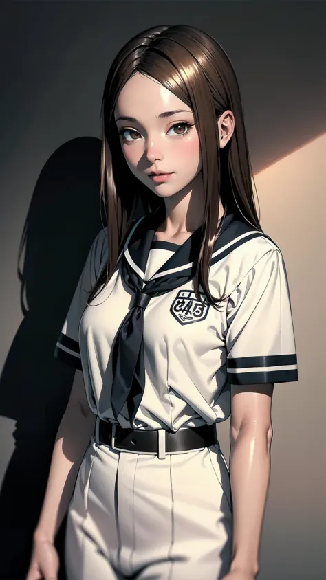 anime girl in uniform posing for a picture with a shadow