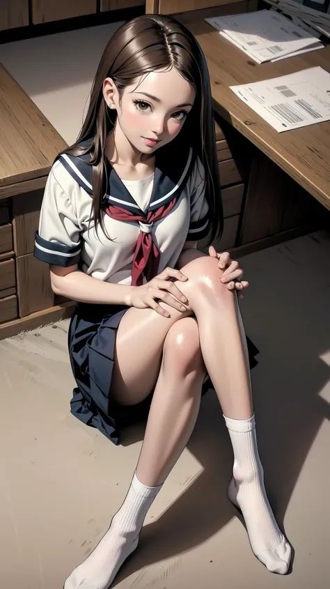 (full body, from above, crossed legs), indoor, lying on the floor:1.4, full body:1.2, schoolgirl, long hair, brown hair, brown eyes, (perfect skin, realistic skin), seifuku, white shirt, white socks, white panty, fine fabric emphasis, sexy:1.1, smile,  <lora:TakagiSan-clasicStyle-000008:0.60>, TakagiSanFirstStyle, (master piece:1.4, best quality:1.4, intricate details, highres, 8K, 4K, UHD, Ultra Detailed 8K CG, ultra high res, High quality texture, High quality shadow, HDR), nsfw