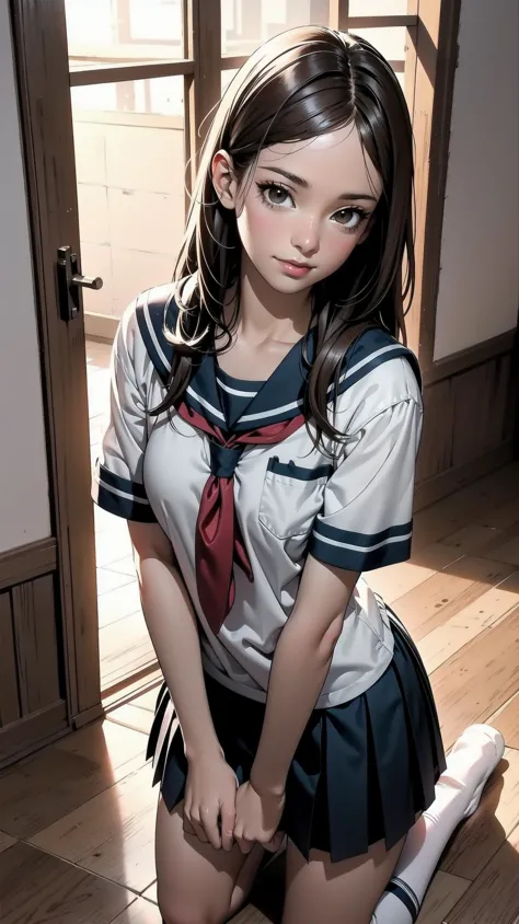 anime girl in uniform kneeling on the floor with her hands on her hips