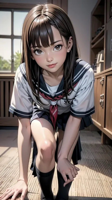 anime girl kneeling down on the floor with her legs crossed