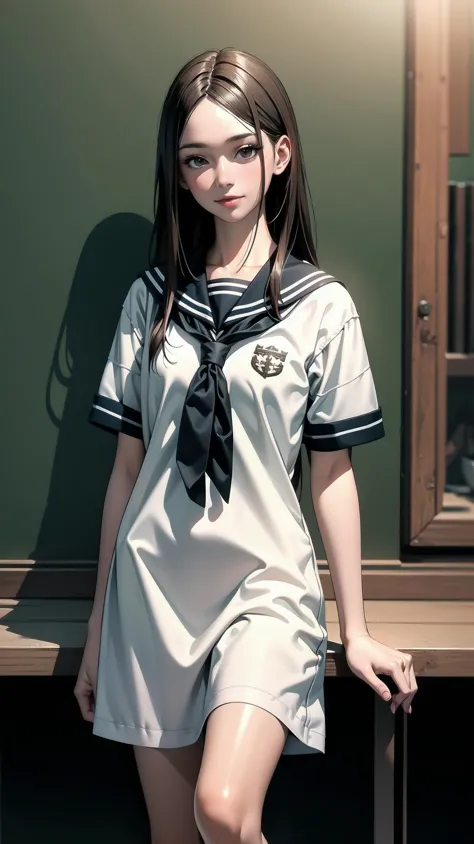 cowboy shot, standing, schoolgirl, long hair, brown hair, brown eyes, (perfect skin, realistic skin), seifuku, white shirt, white socks, fine fabric emphasis, slightly smile,  <lora:TakagiSan-clasicStyle-000008:0.62>, TakagiSanFirstStyle, (master piece:1.4, best quality:1.4, intricate details, highres, 8K, 4K, UHD, Ultra Detailed 8K CG, ultra high res, High quality texture, High quality shadow, HDR)