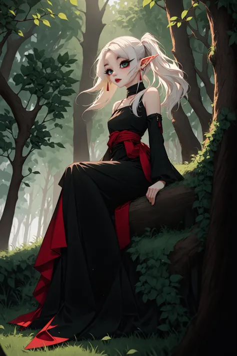 a woman in a black dress sitting on a tree branch in the woods