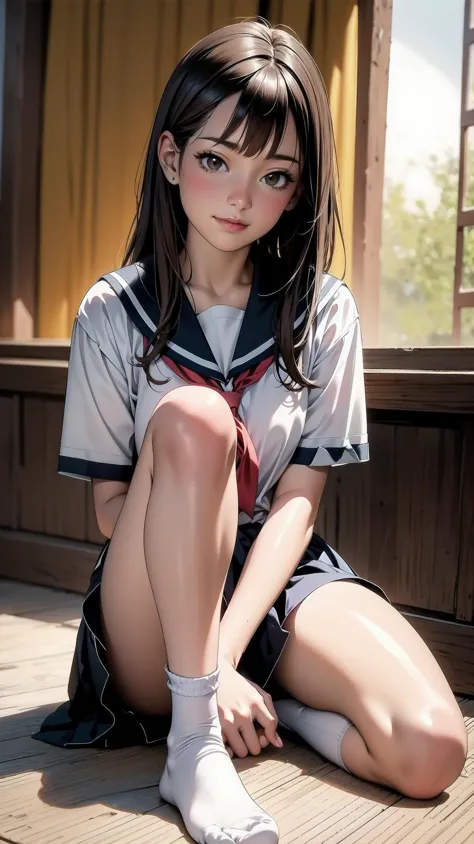 a close up of a woman sitting on a wooden floor with a short skirt