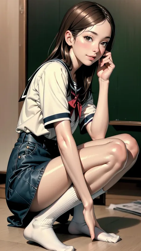 indoor, bedroom, ((leaning on the knee, on floor)), schoolgirl, long hair, brown hair, brown eyes, (perfect skin, realistic skin), seifuku, white shirt, white socks, white panty, fine fabric emphasis, sexy:1.1, smile, blush:1.2,  <lora:TakagiSan-clasicStyle-000008:0.60>, TakagiSanFirstStyle, (master piece:1.4, best quality:1.4, intricate details, highres, 8K, 4K, UHD, Ultra Detailed 8K CG, ultra high res, High quality texture, High quality shadow, HDR), nsfw