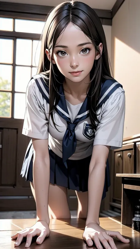 anime girl in uniform leaning on the floor with her hands on the floor