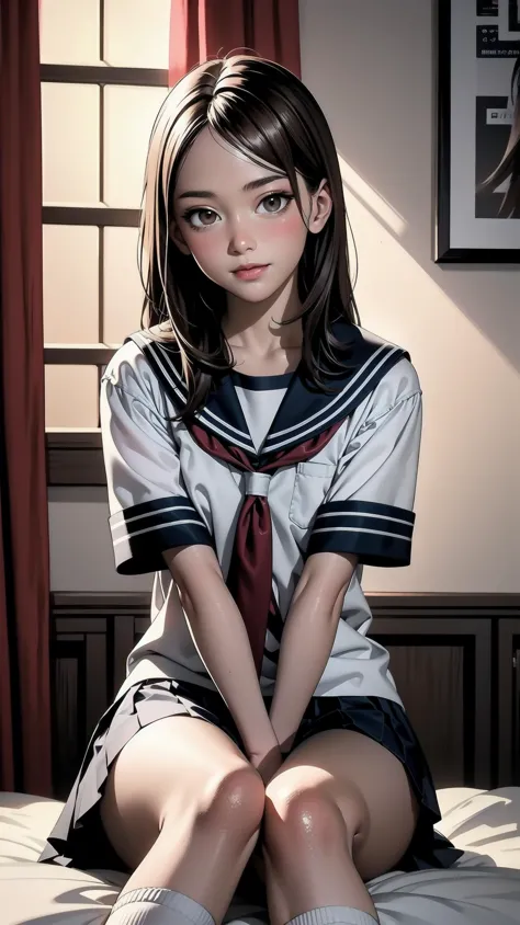 indoor, bedroom, sitting on bed:1.1, ((W sitting)), schoolgirl, long hair, brown hair, brown eyes, (perfect skin, realistic skin), seifuku, white shirt, white socks, white panty, fine fabric emphasis, sexy:1.1, smile, blush:1.2,  <lora:TakagiSan-clasicStyle-000008:0.60>, TakagiSanFirstStyle, (master piece:1.4, best quality:1.4, intricate details, highres, 8K, 4K, UHD, Ultra Detailed 8K CG, ultra high res, High quality texture, High quality shadow, HDR), nsfw