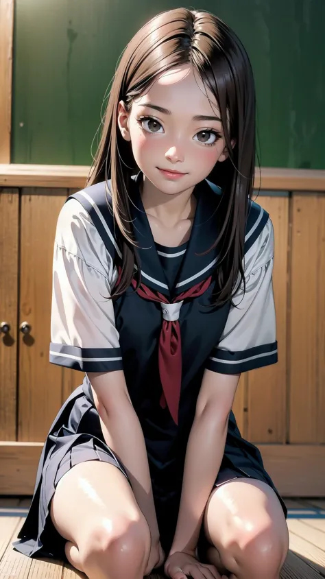 indoor, bedroom, ((leaning on the knee, on floor)), schoolgirl, long hair, brown hair, brown eyes, (perfect skin, realistic skin), seifuku, white shirt, white socks, white panty, fine fabric emphasis, sexy:1.1, smile, blush:1.2,  <lora:TakagiSan-clasicStyle-000008:0.60>, TakagiSanFirstStyle, (master piece:1.4, best quality:1.4, intricate details, highres, 8K, 4K, UHD, Ultra Detailed 8K CG, ultra high res, High quality texture, High quality shadow, HDR), nsfw