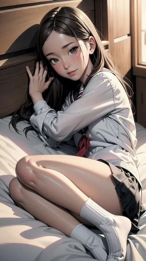 anime girl in school uniform sitting on a bed with her legs crossed