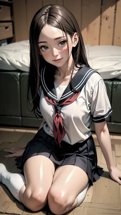 indoor, bedroom, ((W pose sitting on the floor)), schoolgirl, long hair, brown hair, brown eyes, (perfect skin, realistic skin), seifuku, white shirt, white socks, white panty, fine fabric emphasis, sexy:1.1, smile, blush:1.2,  <lora:TakagiSan-clasicStyle-000008:0.60>, TakagiSanFirstStyle, (master piece:1.4, best quality:1.4, intricate details, highres, 8K, 4K, UHD, Ultra Detailed 8K CG, ultra high res, High quality texture, High quality shadow, HDR), nsfw