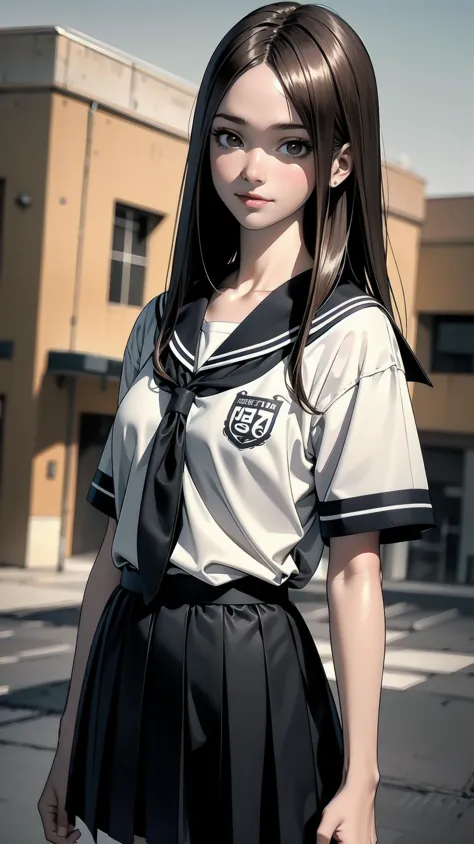 anime girl in uniform posing in front of a building