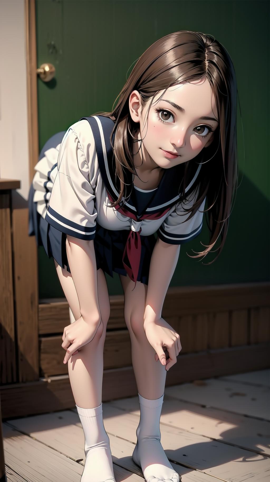 Anime girl in uniform bending down to pick up something - SeaArt AI