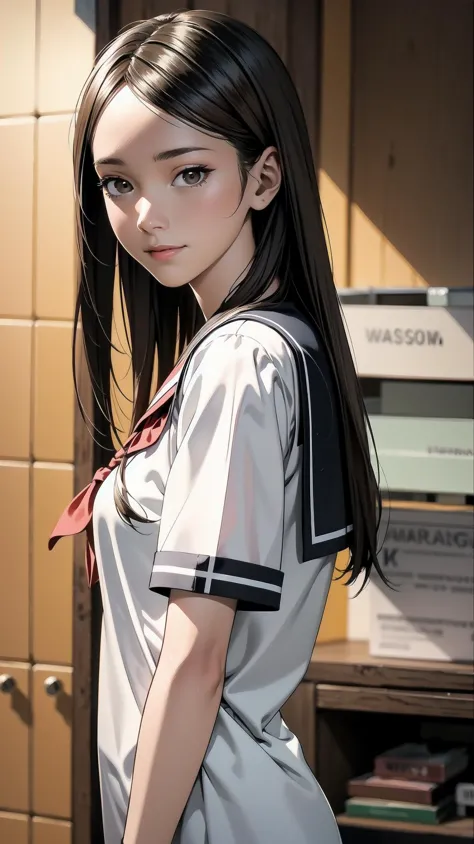 cowboy shot, standing, schoolgirl, long hair, brown hair, brown eyes, (perfect skin, realistic skin), seifuku, white shirt, white socks, fine fabric emphasis, slightly smile,  <lora:TakagiSan-clasicStyle-000008:0.70>, TakagiSanFirstStyle, (master piece:1.4, best quality:1.4, intricate details, highres, 8K, 4K, UHD, Ultra Detailed 8K CG, ultra high res, High quality texture, High quality shadow, HDR)