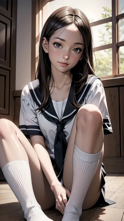 indoor, bedroom, ((W pose sitting on the floor)), schoolgirl, long hair, brown hair, brown eyes, (perfect skin, realistic skin), seifuku, white shirt, white socks, white panty, fine fabric emphasis, sexy:1.1, smile, blush:1.2,  <lora:TakagiSan-clasicStyle-000008:0.60>, TakagiSanFirstStyle, (master piece:1.4, best quality:1.4, intricate details, highres, 8K, 4K, UHD, Ultra Detailed 8K CG, ultra high res, High quality texture, High quality shadow, HDR), nsfw