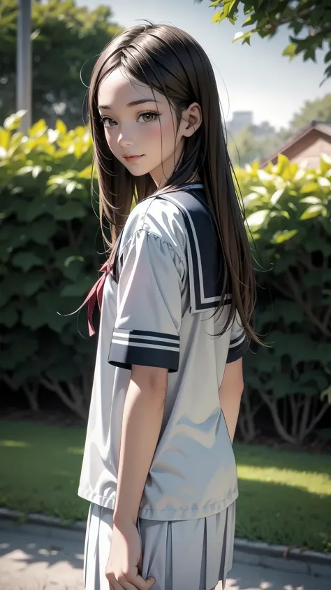 a close up of a woman in a uniform standing on a street