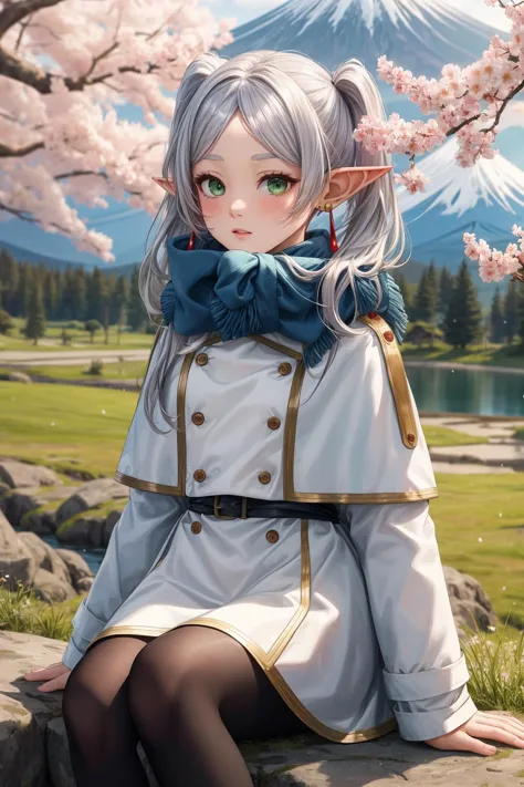 masterpiece, best quality, highres,
long hair, white hair, (parted bangs:1.2), twintails, green eyes, pointy ears, earrings, stubby eyebrows, white capelet, long sleeves, white skirt, black pantyhose,
expressionless, sfw, long coat, oversize coat, (white coat:1.2), double-breasted, buttons, (blue scarf:1.2), white skirt, small breasts,
outdoors, nature, (Mount Fuji:1.2), cherry blossoms, snowflake, snow, snowing, blue sky,
sitting, face to camera, looking at camera, closed lips, closed mouth,
aafrie,
