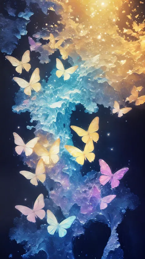 a group of butterflies flying through the air in a galaxy