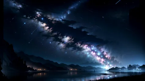 (dark and blue theme), (night:1.6), ((on a dark night, a clear sky with stars shining like jewels)), (a river stretching to the horizon offers a mysterious and vast landscape), (beams of blue light with a mystical appearance), (master piece:1.5, best quality:1.5, intricate details, highres, 8K, ultra high res, natural lighting),  <lora:FantasyLandscape-10:0.65> FanLan