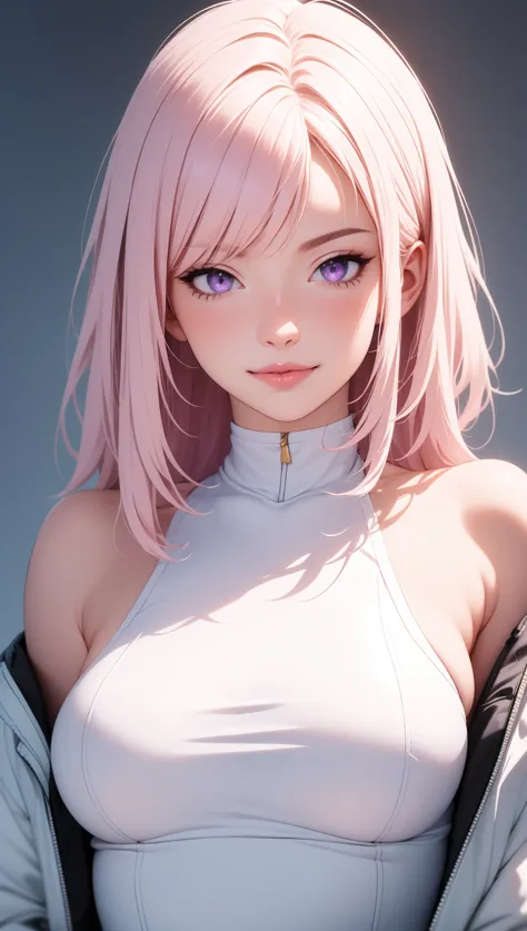 a close up of a woman with pink hair and a white top