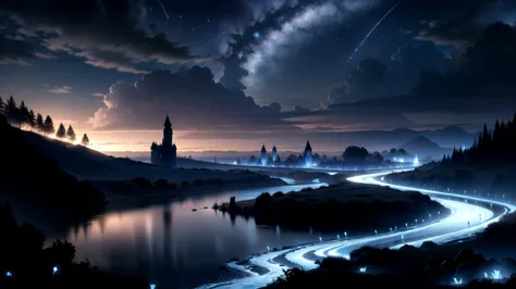 (dark and blue theme), (night:1.6), ((on a dark night, a clear sky with stars shining like jewels)), (a river stretching to the horizon offers a mysterious and vast landscape), (beams of blue light with a mystical appearance), (master piece:1.5, best quality:1.5, intricate details, highres, 8K, ultra high res, natural lighting),  <lora:FantasyLandscape-10:0.55> FanLan