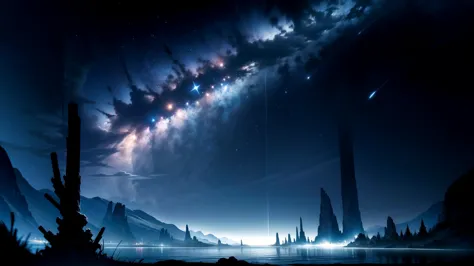 (dark and blue theme), (night:1.6), ((on a dark night, a clear sky with stars shining like jewels)), (a river stretching to the horizon offers a mysterious and vast landscape), (beams of blue light with a mystical appearance), (master piece:1.5, best quality:1.5, intricate details, highres, 8K, ultra high res, natural lighting),  <lora:FantasyLandscape-10:0.55> FanLan