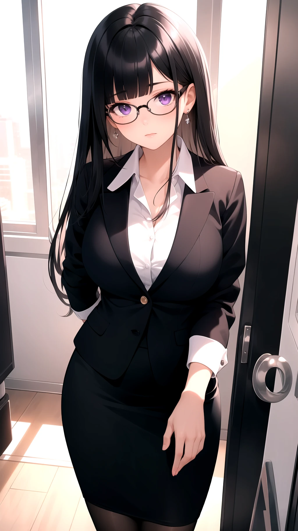 (best quality:1.1), (masterpiece:1.2), high quality shadow, beautiful detailed, beautiful face, detailed eyes, depth of field, highres, best shadow, best illumination, 1girl, looking at viewer, black hair, blunt bangs, long hair, purple eyes, shy, large breasts, pencil skirt, blouse, blazer, pumps, office lady, glasses,