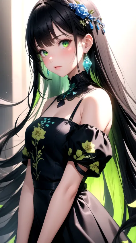 A beautiful girl with off-white long hair, white luminous eyes, green luminous earrings, and a black floral dress with blue and ...