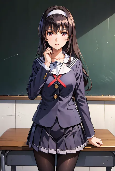 anime girl in school uniform posing in front of a blackboard