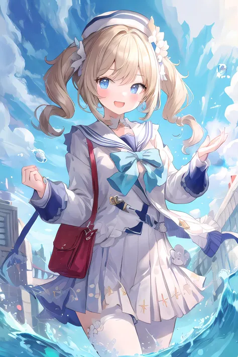 a girl in a sailor outfit is standing in the water