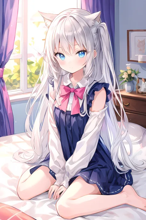 beautiful illustration, best quality, cute girl, bedroom,wariza, pastel color petite, silver long hair,  bright lighting, light ...