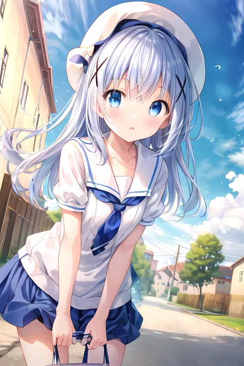 1girl,summer,beautiful detailed sky,cloud,countryside street,puffy short sleeves,(white_serafuku:1.1),chino,<lora:add_detail:0.6...