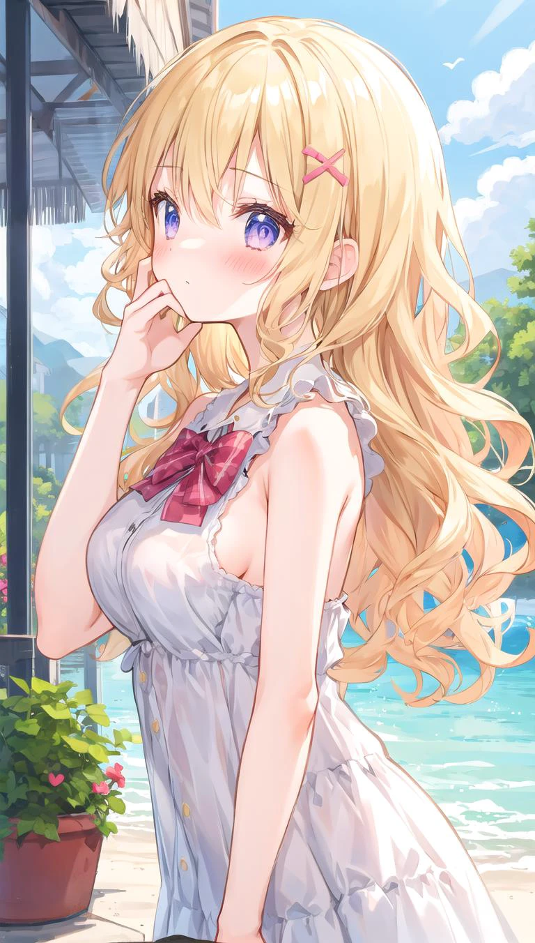 beautiful illustration, cute girl, upper body, blush, surprized, hand on own face, wavy hair, sleeveless, from side, breasts, outdoor, blond hair